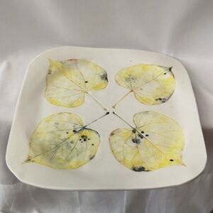 Beautiful and Unique Studio Art Pottery Square Platter with Yellow Leaf Motif